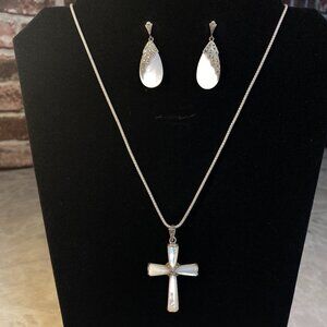925 Sterling MOP & Marcasite Signed Crucifix Cross Necklace & Matching Earrings